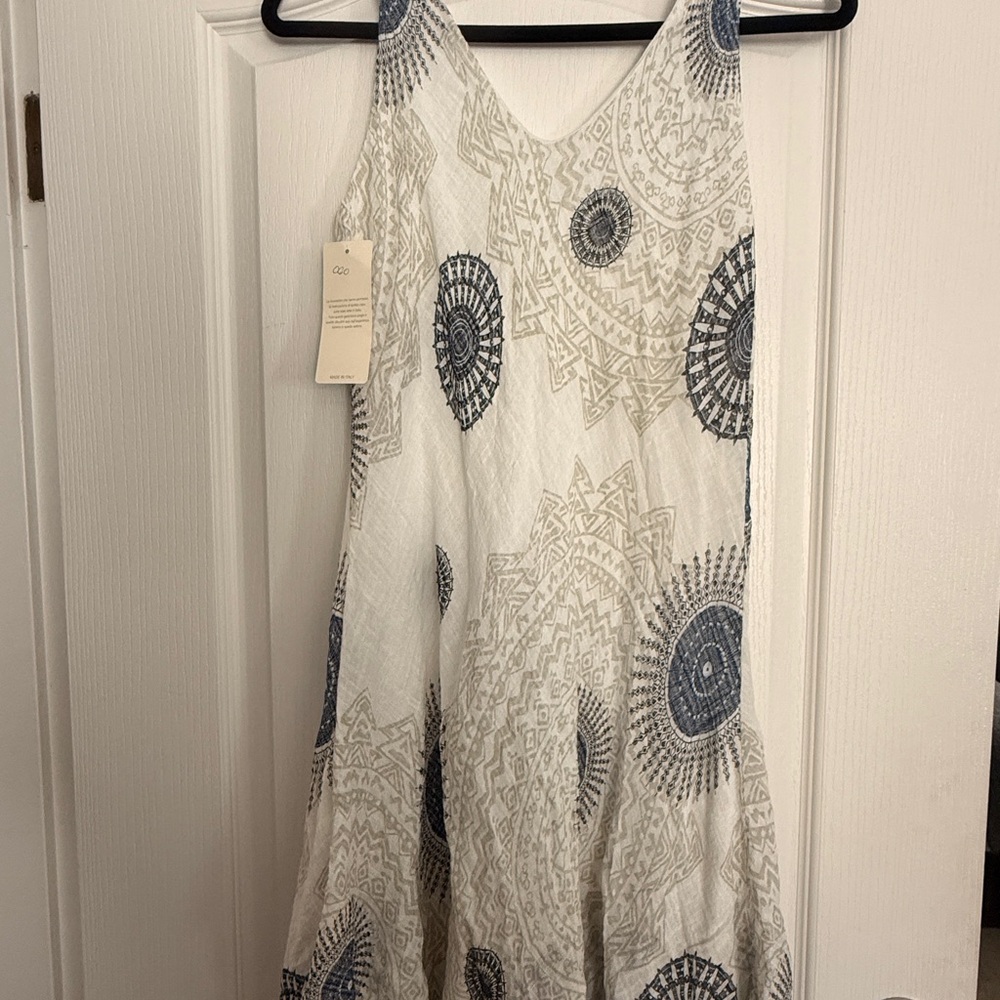 Sleeveless White linen Dress with Navy and Light Gray Medallion Print